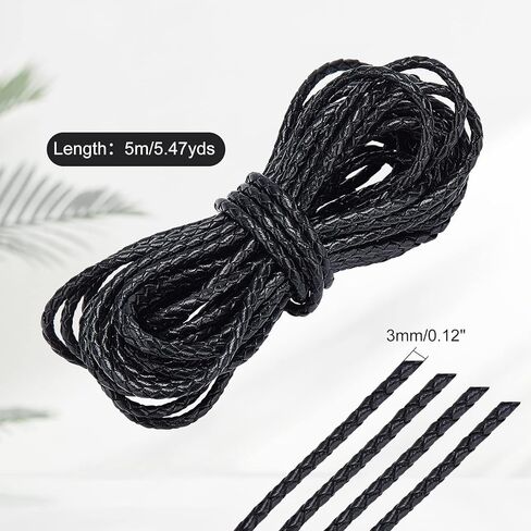 PH PandaHall 1 Roll 3mm Round Folded Bolo PU Braided Leather Cord Each 5.5 Yard for Necklace Bracelet Jewelry Making Black in Saudi Arabia
