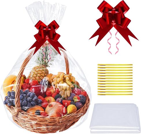 10 عبوات من أكياس هدايا السيلوفان الشفافة الكبيرة مع ربطات عنق وأقواس سحب حمراء مقاس 27 × 37 بوصة أكياس سلة هدايا أكياس تغليف بلاستيكية كبيرة لعيد الميلاد وسلال هدايا وتغليف الحرف اليدوية in Kuwait