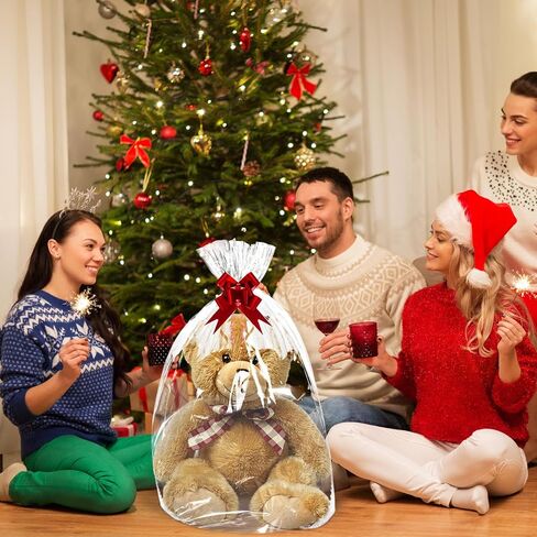 10 عبوات من أكياس هدايا السيلوفان الشفافة الكبيرة مع ربطات عنق وأقواس سحب حمراء مقاس 27 × 37 بوصة أكياس سلة هدايا أكياس تغليف بلاستيكية كبيرة لعيد الميلاد وسلال هدايا وتغليف الحرف اليدوية in Kuwait