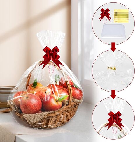10 عبوات من أكياس هدايا السيلوفان الشفافة الكبيرة مع ربطات عنق وأقواس سحب حمراء مقاس 27 × 37 بوصة أكياس سلة هدايا أكياس تغليف بلاستيكية كبيرة لعيد الميلاد وسلال هدايا وتغليف الحرف اليدوية in Kuwait