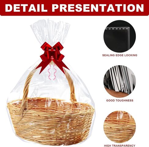 10 عبوات من أكياس هدايا السيلوفان الشفافة الكبيرة مع ربطات عنق وأقواس سحب حمراء مقاس 27 × 37 بوصة أكياس سلة هدايا أكياس تغليف بلاستيكية كبيرة لعيد الميلاد وسلال هدايا وتغليف الحرف اليدوية in Kuwait