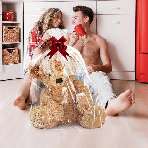 10 عبوات من أكياس هدايا السيلوفان الشفافة الكبيرة مع ربطات عنق وأقواس سحب حمراء مقاس 27 × 37 بوصة أكياس سلة هدايا أكياس تغليف بلاستيكية كبيرة لعيد الميلاد وسلال هدايا وتغليف الحرف اليدوية in Kuwait