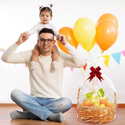 10 عبوات من أكياس هدايا السيلوفان الشفافة الكبيرة مع ربطات عنق وأقواس سحب حمراء مقاس 27 × 37 بوصة أكياس سلة هدايا أكياس تغليف بلاستيكية كبيرة لعيد الميلاد وسلال هدايا وتغليف الحرف اليدوية in Kuwait