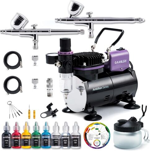 مجموعة فرشاة الهواء الاحترافية من Gaahleri ​​مع ضاغط وفرشتين هوائيتين مزدوجتي الحركة، 1/5 حصان و8 ألوان أكريليك لطلاء البخاخة الأساسية، للدليل الإجمالي لنموذج تزيين الطلاء in Kuwait