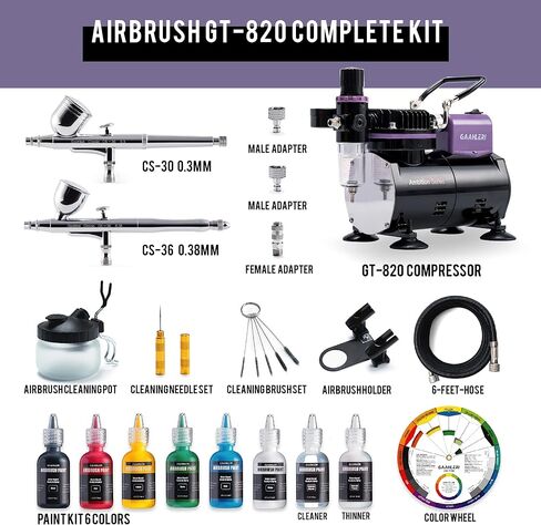 مجموعة فرشاة الهواء الاحترافية من Gaahleri ​​مع ضاغط وفرشتين هوائيتين مزدوجتي الحركة، 1/5 حصان و8 ألوان أكريليك لطلاء البخاخة الأساسية، للدليل الإجمالي لنموذج تزيين الطلاء in Kuwait