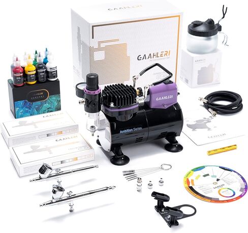 مجموعة فرشاة الهواء الاحترافية من Gaahleri ​​مع ضاغط وفرشتين هوائيتين مزدوجتي الحركة، 1/5 حصان و8 ألوان أكريليك لطلاء البخاخة الأساسية، للدليل الإجمالي لنموذج تزيين الطلاء in Kuwait