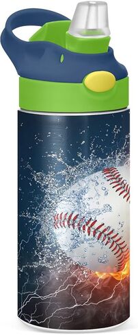 Fire Ice Football Kids Water Bottle with Straw and Carry Handle Soccer Ball Sports Theme Vacuum Insulated Stainless Steel Bottles Leak-Proof for Boys Girls Toddler 12 oz Green Lid in Kuwait