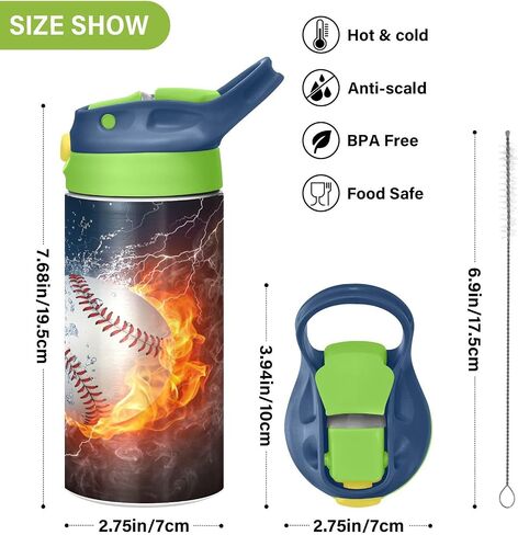 Fire Ice Football Kids Water Bottle with Straw and Carry Handle Soccer Ball Sports Theme Vacuum Insulated Stainless Steel Bottles Leak-Proof for Boys Girls Toddler 12 oz Green Lid in Kuwait