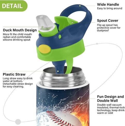 Fire Ice Football Kids Water Bottle with Straw and Carry Handle Soccer Ball Sports Theme Vacuum Insulated Stainless Steel Bottles Leak-Proof for Boys Girls Toddler 12 oz Green Lid in Kuwait