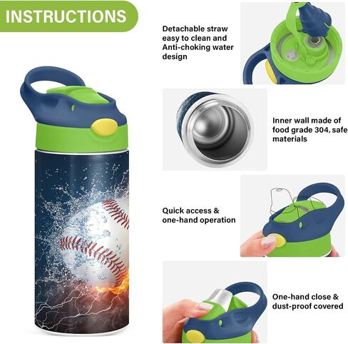 Fire Ice Football Kids Water Bottle with Straw and Carry Handle Soccer Ball Sports Theme Vacuum Insulated Stainless Steel Bottles Leak-Proof for Boys Girls Toddler 12 oz Green Lid in Kuwait