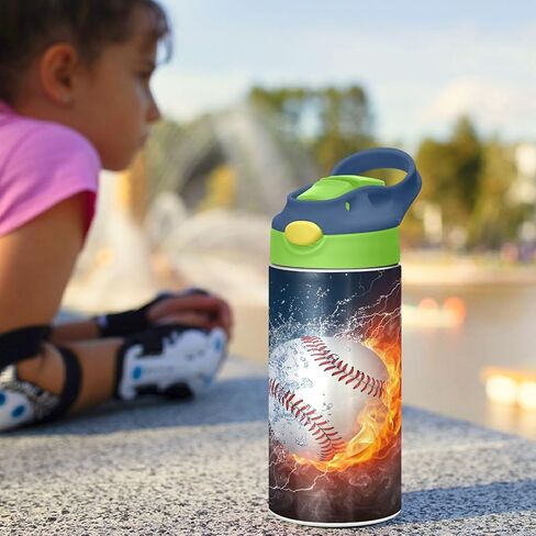 Fire Ice Football Kids Water Bottle with Straw and Carry Handle Soccer Ball Sports Theme Vacuum Insulated Stainless Steel Bottles Leak-Proof for Boys Girls Toddler 12 oz Green Lid in Kuwait