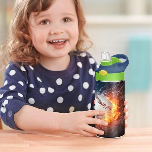 Fire Ice Football Kids Water Bottle with Straw and Carry Handle Soccer Ball Sports Theme Vacuum Insulated Stainless Steel Bottles Leak-Proof for Boys Girls Toddler 12 oz Green Lid in Kuwait