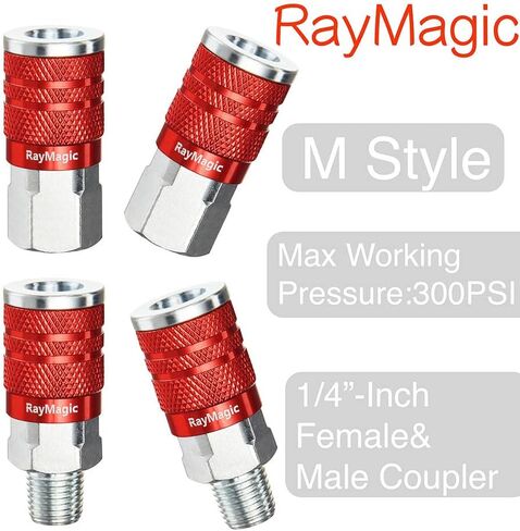تركيبات خراطيم الهواء RayMagic، وصلة هواء من الفولاذ من النوع M مطلية بالنيكل ومجموعة سدادات هواء من النوع الصناعي I/M 16 قطعة، متينة، غلاف من الألومنيوم، مجموعة تركيبات ملحقات ضاغط الهواء 1/4 بوصة (أحمر) in Kuwait