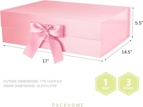 PACKHOME 16.3x14.2x5 بوصة، صندوق هدايا كبير جدًا مع غطاء، صندوق هدايا مع شريط للملابس والهدايا الكبيرة (وردي لامع) in Kuwait