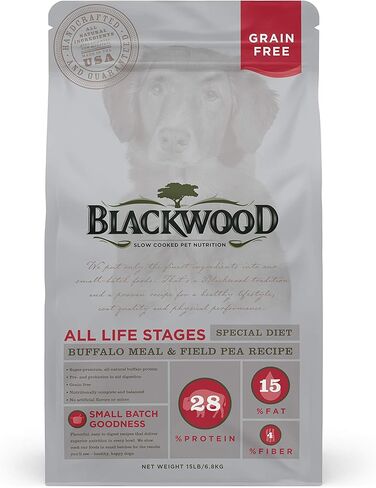 بلاكوود أغذية الحيوانات الأليفة 22357 لجميع مراحل الحياة، نظام غذائي خاص، خالي من الحبوب، وجبة الجاموس ووصفة البازلاء الميدانية، 15 رطل. in Kuwait