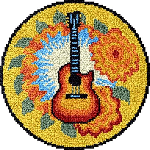 Latch Hook Round Rug Kits Yellow Guitar for Beginner Needle Crochet Yarn Kits Embroidery Carpet Cushion Hook and Latch Kit Tapestry Christmas Home Decoration 45x45cm in Saudi Arabia