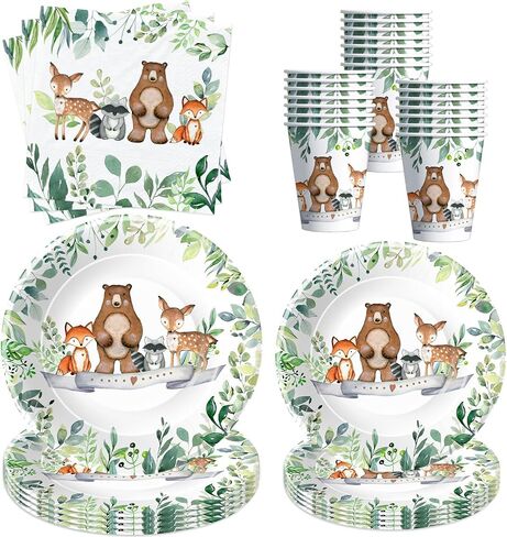 Woodland Baby Shower Decorations Tableware - Woodland Birthday Party Supplies Include Plates, Napkins, Cup, Woodland Creatures Forest Animal Friends Theme Party Supplies Dinnerware | Serve 24 in Saudi Arabia