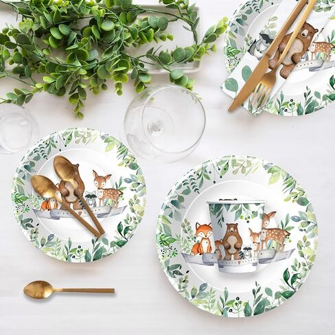 Woodland Baby Shower Decorations Tableware - Woodland Birthday Party Supplies Include Plates, Napkins, Cup, Woodland Creatures Forest Animal Friends Theme Party Supplies Dinnerware | Serve 24 in Saudi Arabia