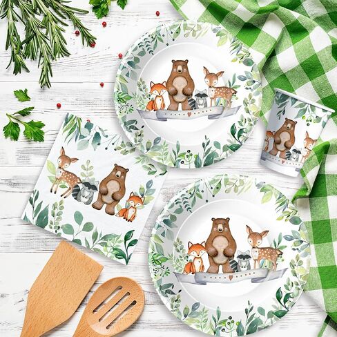 Woodland Baby Shower Decorations Tableware - Woodland Birthday Party Supplies Include Plates, Napkins, Cup, Woodland Creatures Forest Animal Friends Theme Party Supplies Dinnerware | Serve 24 in Saudi Arabia