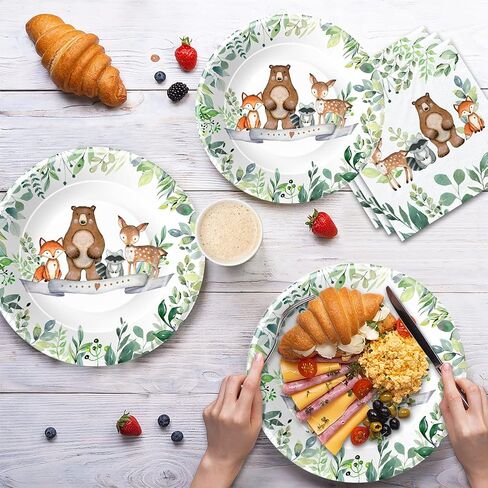 Woodland Baby Shower Decorations Tableware - Woodland Birthday Party Supplies Include Plates, Napkins, Cup, Woodland Creatures Forest Animal Friends Theme Party Supplies Dinnerware | Serve 24 in Saudi Arabia