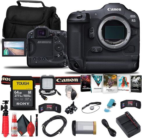 كاميرا Canon EOS R3 بدون مرآة (4895C002) + بطاقة SD قوية سعة 64 جيجابايت من سوني + قارئ بطاقات + ضوء LED + برنامج Corel للصور + كابل HDMI + حافظة + حامل ثلاثي القوائم مرن + حزام يد + حافظة غطاء + المزيد (متجددة) in Saudi Arabia