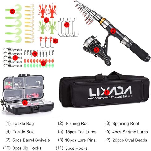 Lixada Fishing Rod and Reel Combos Set, Telescopic Fishing Pole with Spinning Reels Hooks Soft Lures Barrel Swivels Storage Bag Saltwater Freshwater Fishing in Saudi Arabia