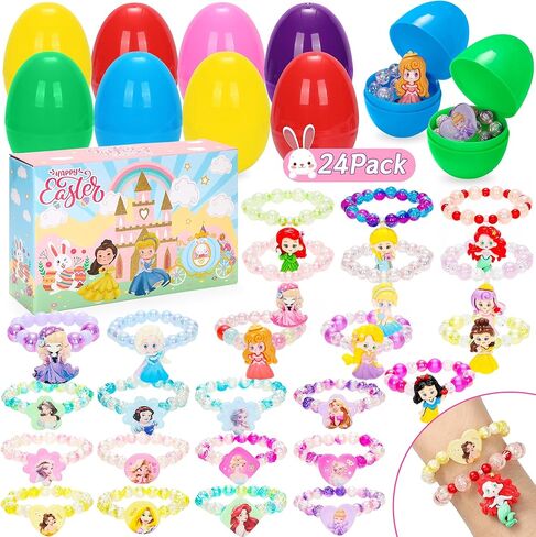 بيض عيد الفصح مع أساور الأميرة - 24 حشو بيض عيد الفصح مع 24 سوار أميرة ملون مفاجأة مجموعة ألعاب للفتيات لحفلات عيد الفصح، حشو سلة عيد الفصح، لوازم جوائز الفصل الدراسي in Kuwait