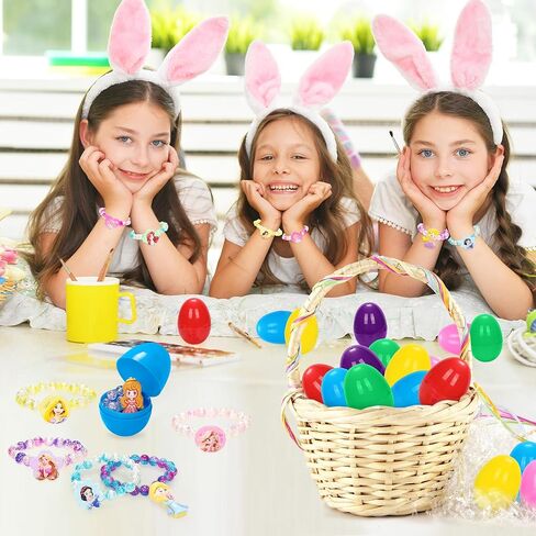بيض عيد الفصح مع أساور الأميرة - 24 حشو بيض عيد الفصح مع 24 سوار أميرة ملون مفاجأة مجموعة ألعاب للفتيات لحفلات عيد الفصح، حشو سلة عيد الفصح، لوازم جوائز الفصل الدراسي in Kuwait