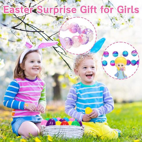 بيض عيد الفصح مع أساور الأميرة - 24 حشو بيض عيد الفصح مع 24 سوار أميرة ملون مفاجأة مجموعة ألعاب للفتيات لحفلات عيد الفصح، حشو سلة عيد الفصح، لوازم جوائز الفصل الدراسي in Kuwait