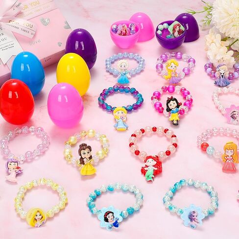 بيض عيد الفصح مع أساور الأميرة - 24 حشو بيض عيد الفصح مع 24 سوار أميرة ملون مفاجأة مجموعة ألعاب للفتيات لحفلات عيد الفصح، حشو سلة عيد الفصح، لوازم جوائز الفصل الدراسي in Kuwait