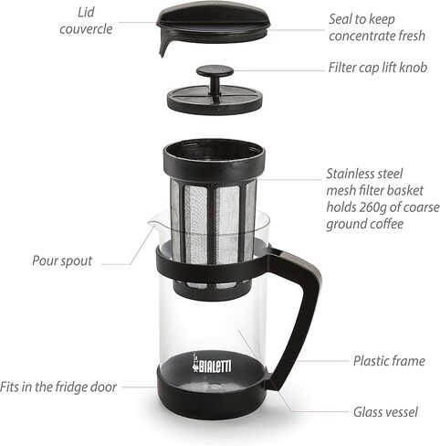 ماكينة صنع القهوة الباردة من بياليتي 06765 - إبريق زجاجي وفلتر شبكي من الفولاذ المقاوم للصدأ - ماكينة صنع القهوة المثلجة المدمجة والمحمولة ومصفاة الشاي - الأفضل للقهوة الخشنة والمطحونة، 24oz، أسود in Kuwait