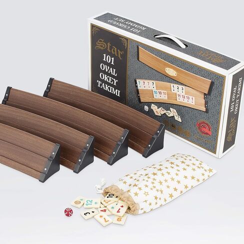 مجموعة ألعاب LaModaHome Star المنحنية ذات التأثير الخشبي الداكن Rummy/Okey/101 مع كيس من البلاط والنرد وحقيبة محمولة، للبالغين، مثالية ليالي اللعب، ولعبة الفريق، والالتقاء معًا، في الهواء الطلق، وفي الداخل in Saudi Arabia