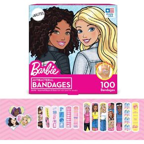 Barbie Antibacterial Kids Bandages, 3 Assorted Sizes 100 CT | Wear Like Stickers, Flexible Adhesive Bandages for Minor Cuts, Scrapes, and Burns. Great Gift idea for Kids