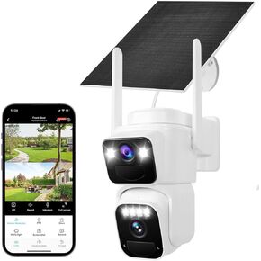 Dual Lens Dual Screen 2K Solar Security Camera Wireless Outdoor 360° View Battery Powered Camera with Spotlight Color Night Vision, PIR Sensor WiFi Home Security System