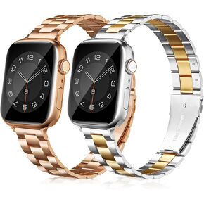 Thin Metal Bands Compatible with Apple Watch Band 38mm 40mm 41mm 42mm 44mm 45mm 46mm 49mm, Slim Stainless Steel Wristband Strap for iWatch Ultra SE Series 10 9 8 7 6 5 4 3 2 1-RoseGold+Silver-Gold in Kuwait