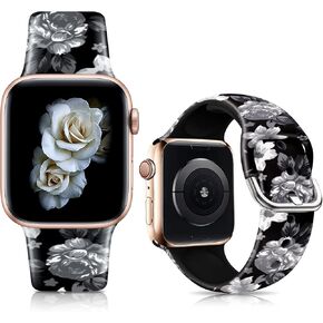 Bands Compatible with Apple Watch Band 38mm 40mm 41mm 42mm 44mm 45mm for Women Men Silicone Floral Pattern Printed Band Strap for iWatch Band SE Series 7 6 5 4 3 2 1 Wristband