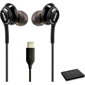 2023 Earbuds Stereo Headphones for Samsung Galaxy Note 10, Note 10+, Galaxy S10, S9 Plus, S10e - Designed by AKG - Cable with Microphone, Volume Remote Type-C Connector - Black with Cloth