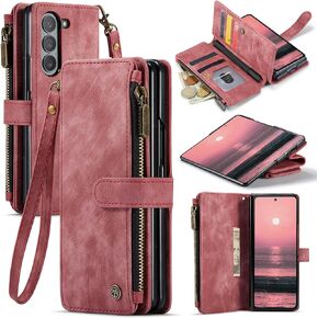 UEEBAI Wallet Case for Samsung Galaxy Z Fold 6 5G, Premium Handmade PU Leather Phone Case Card Slots Cover Magnetic Closure Zipper Pocket Kickstand Flip Case with Hand Strap - Vintage Black