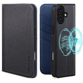 VISOUL Phone Case Wallet for iPhone 16 Plus, Pebbled Genuine Leather Case with Card Holders Kickstand Book Case Shockproof TPU Inner Shell Flip Cover Designed for iPhone 16 Plus (6.7")-Blue+Yellow
