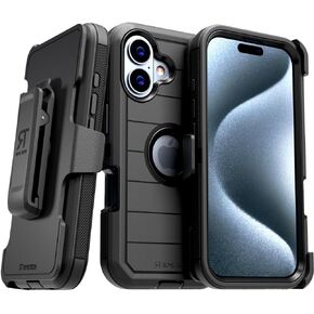 for iPhone 16 Case with Belt Clip Holster & Kickstand, Screenless Protective Dual-Layer Shockproof iPhone 16 Defender Case - Black & Orange