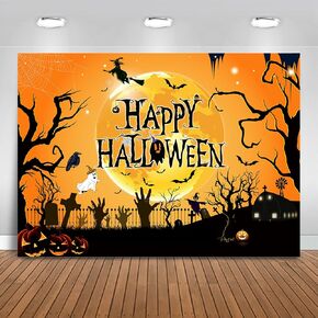 Mocsicka Happy Halloween Backdrop Orange Moon Night Trick or Treat Party Decorations Haunted House Wizard Graveyard Fence Pumpkin Photography Background (Orange, 7x5ft(82"x60"))