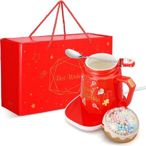 Tioncy Christmas Coffee Mug Warmer Set 17 oz Ceramic Tea Cup Coffee Warmer with Winter Snow Globes Lid Spoon Electric Coffee Mug Heater Temperature Control Warmer for Office Desk Birthday Gift (Green)