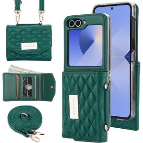 for Samsung Galaxy Z Flip 6 Wallet Case with Built-in Leather Cash Slot and Credit Card Holder, Adjustable Crossbody Strap, Hinge Protection for Women Ladies.(Green)