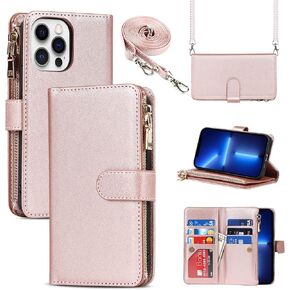 Crossbody Wallet Case for iPhone 13 with Card Slot Holder, PU Leather Zip Pocket Folio Purse Flip Case Magnetic Closure Handbag with Detachable Lanyard Strap for iPhone 13 - Green