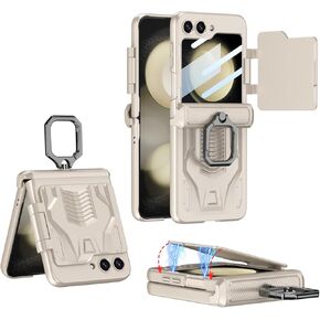 for Samsung Galaxy Z Flip 5 Case with Magnetic Hinge Ring Protection & Built-in Front Screen Protector, Magnetic Flap Window and Shockproof Multiple Rugged Protection.(White)
