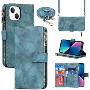 Crossbody Wallet Case for iPhone 13 with Card Slot Holder, PU Leather Zip Pocket Folio Purse Flip Case Magnetic Closure Handbag with Detachable Lanyard Strap for iPhone 13 - Green
