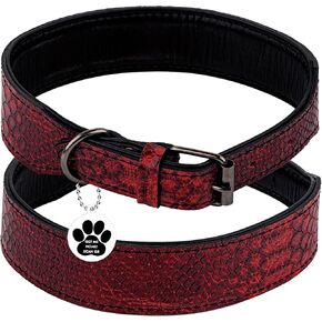 Luxury Dog Collar Leather, Genuine Leather Dog Collar with ID Tag QR, Leather Wide Dog Collar, Padded Dog Collars Leather, Thick Dog Collar with Metal Buckle, Aesthetic Dog Collar (Red, L)