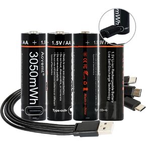 AA Battery, Lithium Batteries aa 1.5V/3050mWh, High Capacity with Micro USB Cable, 1 Hours Flash Charge Over 1200 Cycles, USB Rechargeable AA Batteries 4 Packs