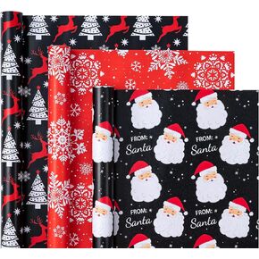 WRAPAHOLIC Christmas Wrapping Paper Roll - Mini Roll - 3 Rolls - 17 Inch X 120 Inch Per Roll - Pastel Pink and Purple Reindeer, Candy Cane with JOY, Snowflake Holiday Collection