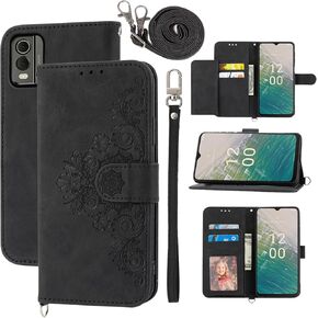 Wallet Case for Nokia C32 with Wrist Strap Crossbody Shoulder Strap, Embossed Leather Flip Credit Card Holder Stand Accessories Cell Phone Cover for NokiaC32 C 32 Women Girls Black